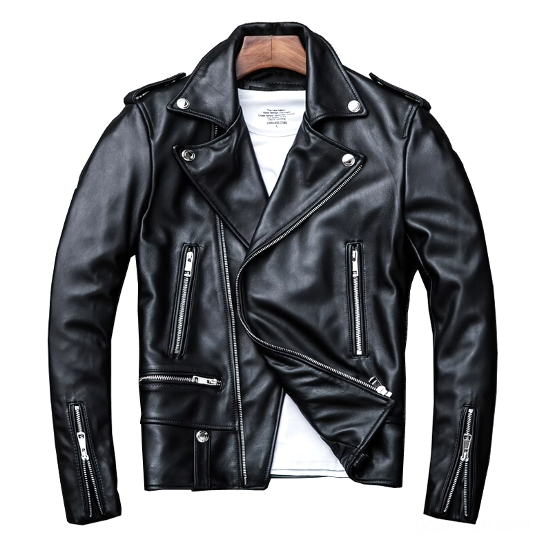 Black genuine leather jacket open view showing notched lapel snap buttons and inner polyester lining detail
