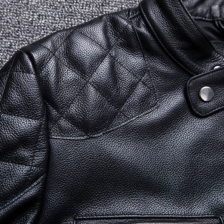 Black leather motorcycle jacket diamond quilted shoulder with metal snap button and pebbled leather finish
