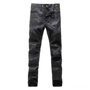 Black faux leather moto trousers flat lay front display showing zippered pockets and knee ripped panels