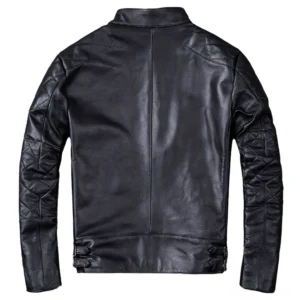 Black calfskin leather motorcycle jacket back view showing quilted sleeves and adjustable hem straps