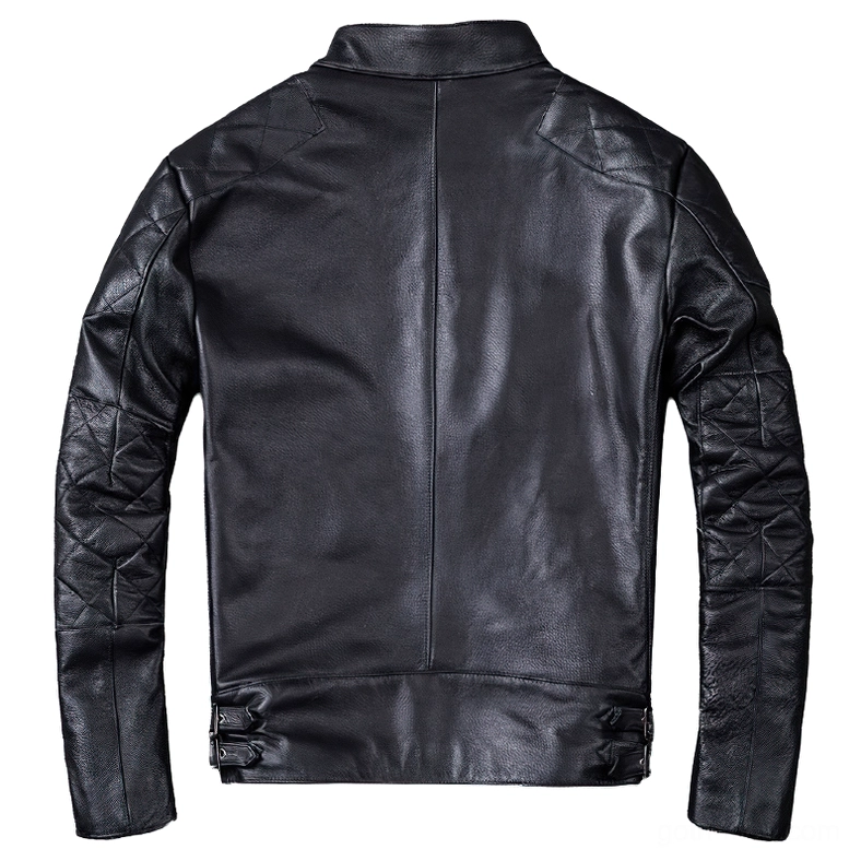Black calfskin leather motorcycle jacket back view showing quilted sleeves and adjustable hem straps