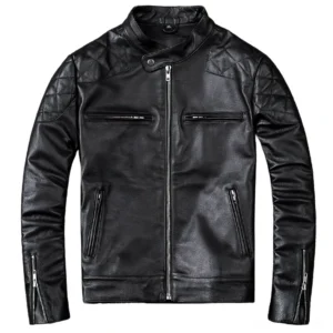 Black calfskin leather motorcycle jacket front flat lay view with quilted shoulders and multiple zipper pockets