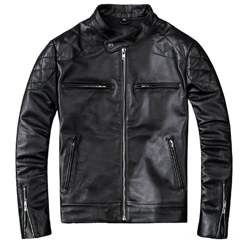 Black calfskin leather motorcycle jacket front flat lay view with quilted shoulders and multiple zipper pockets