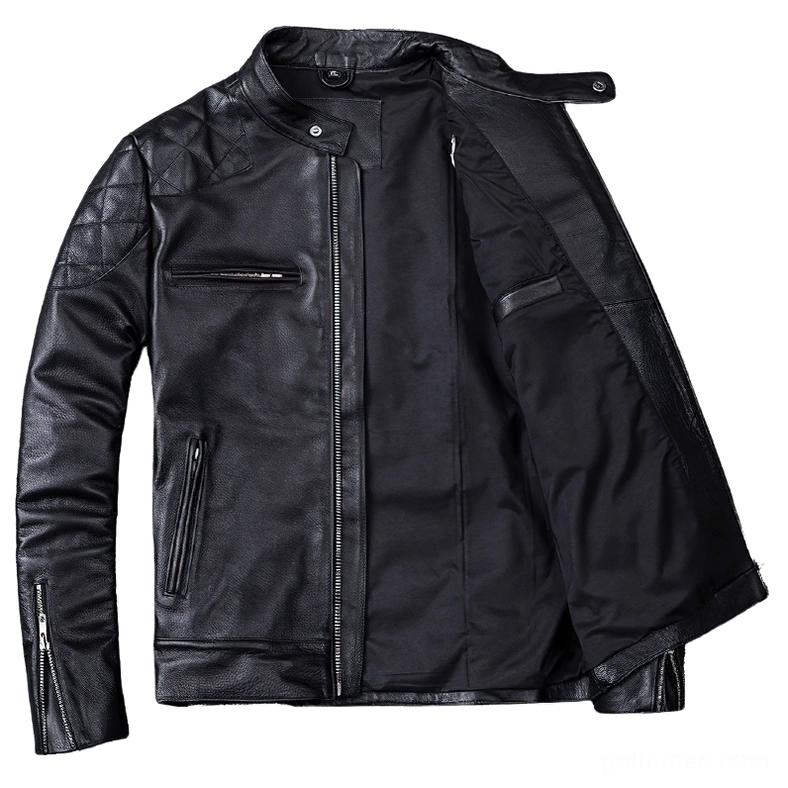 Black calfskin leather motorcycle jacket open front view displaying inner lining and YKK zippers detail
