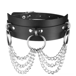 Black leather O-ring chain choker gothic necklace flat lay front view with silver dual curb chains