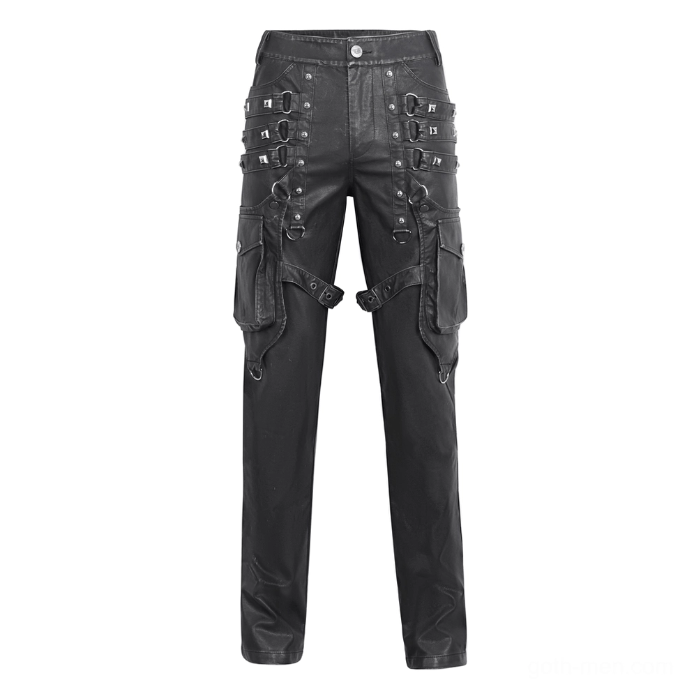 Black synthetic leather cargo pants front straight view showing strap decorations, rivets, and functional side cargo pockets detail