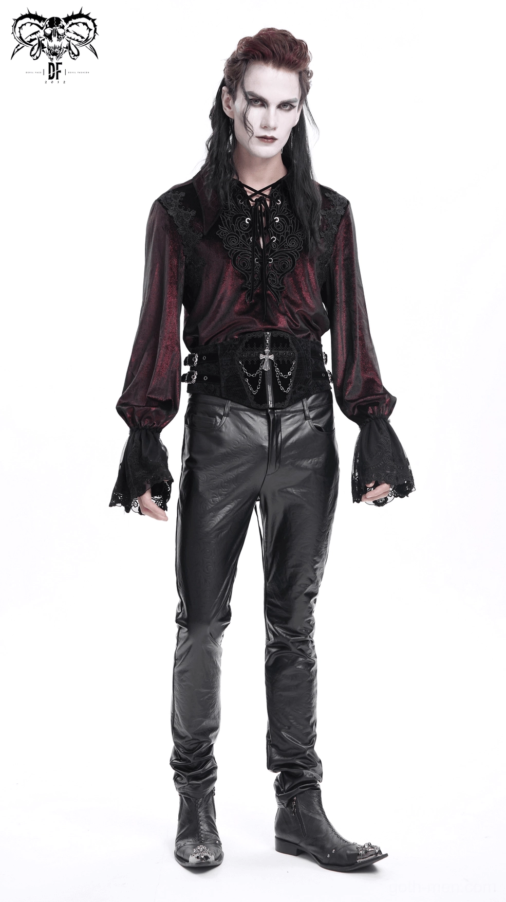 Black slim fit leather pants detail showing pocket stitching and shiny synthetic leather texture