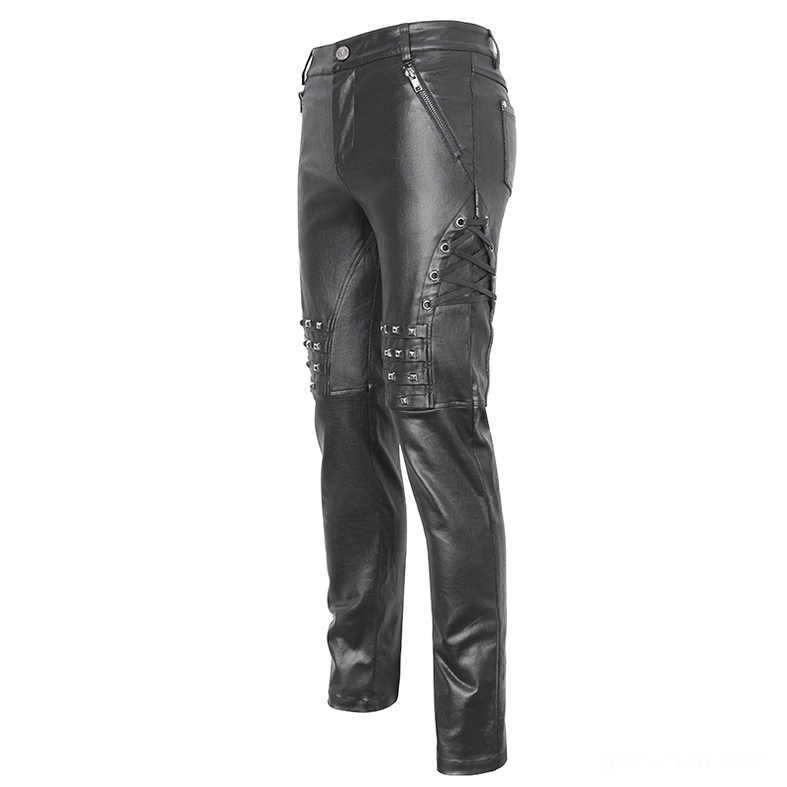Black leather gothic pants side view showing side zipper pocket and lace-up stud details