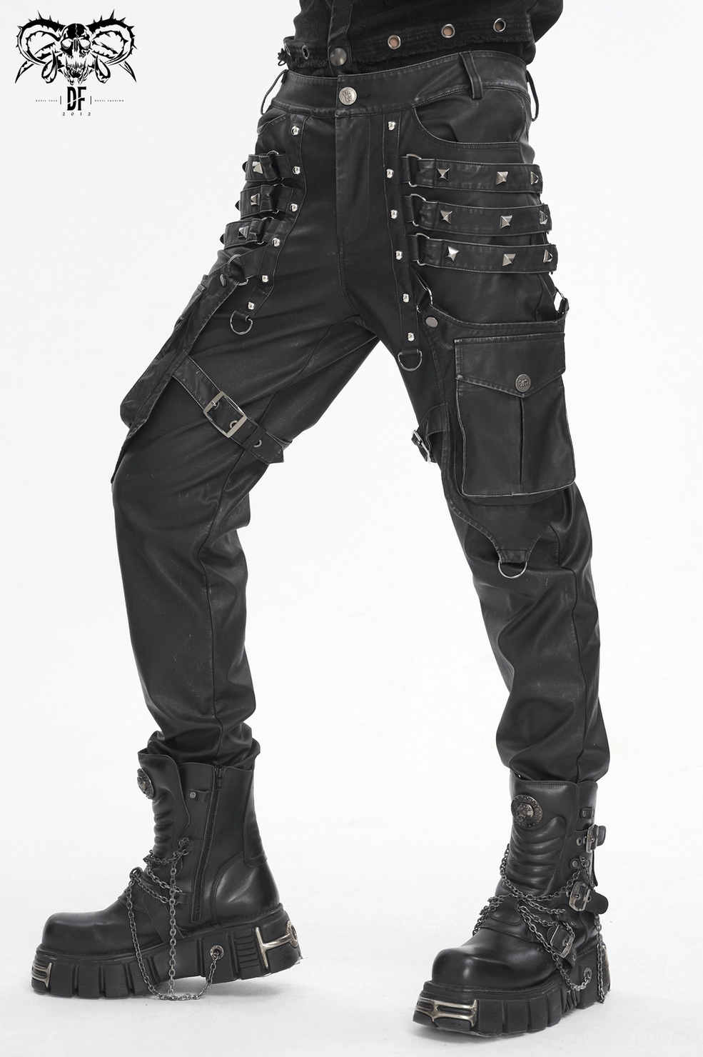 Black synthetic leather cargo pants showcasing side utility pockets, rivet decoration, and alternative fashion aesthetic from side angle