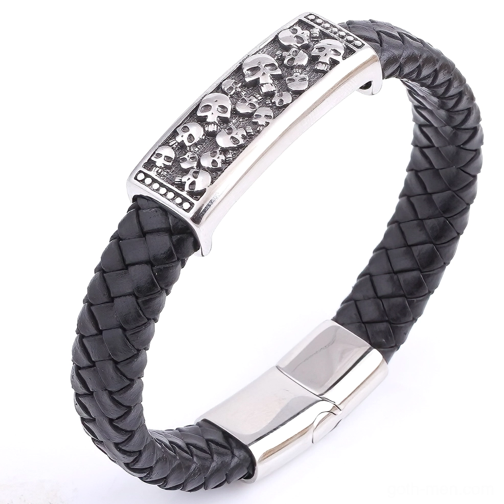 Authentic black leather gothic skull bracelet featuring detailed metal skull plate and silver stainless steel hardware, front angle view