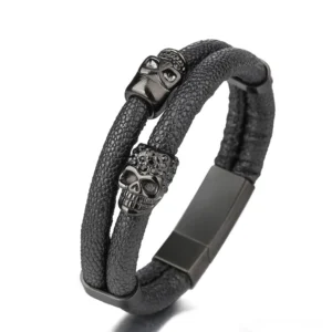 Black leather double-layer magnetic skull bracelet for men with black stainless steel skull decoration and magnetic clasp, side view