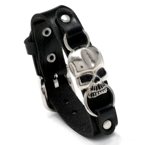 Black leather skull cuff bracelet with antique silver metal hardware, 3/4 close-up view on white background