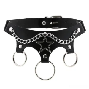 Black leather star choker with silver chain and metal rings flat lay view