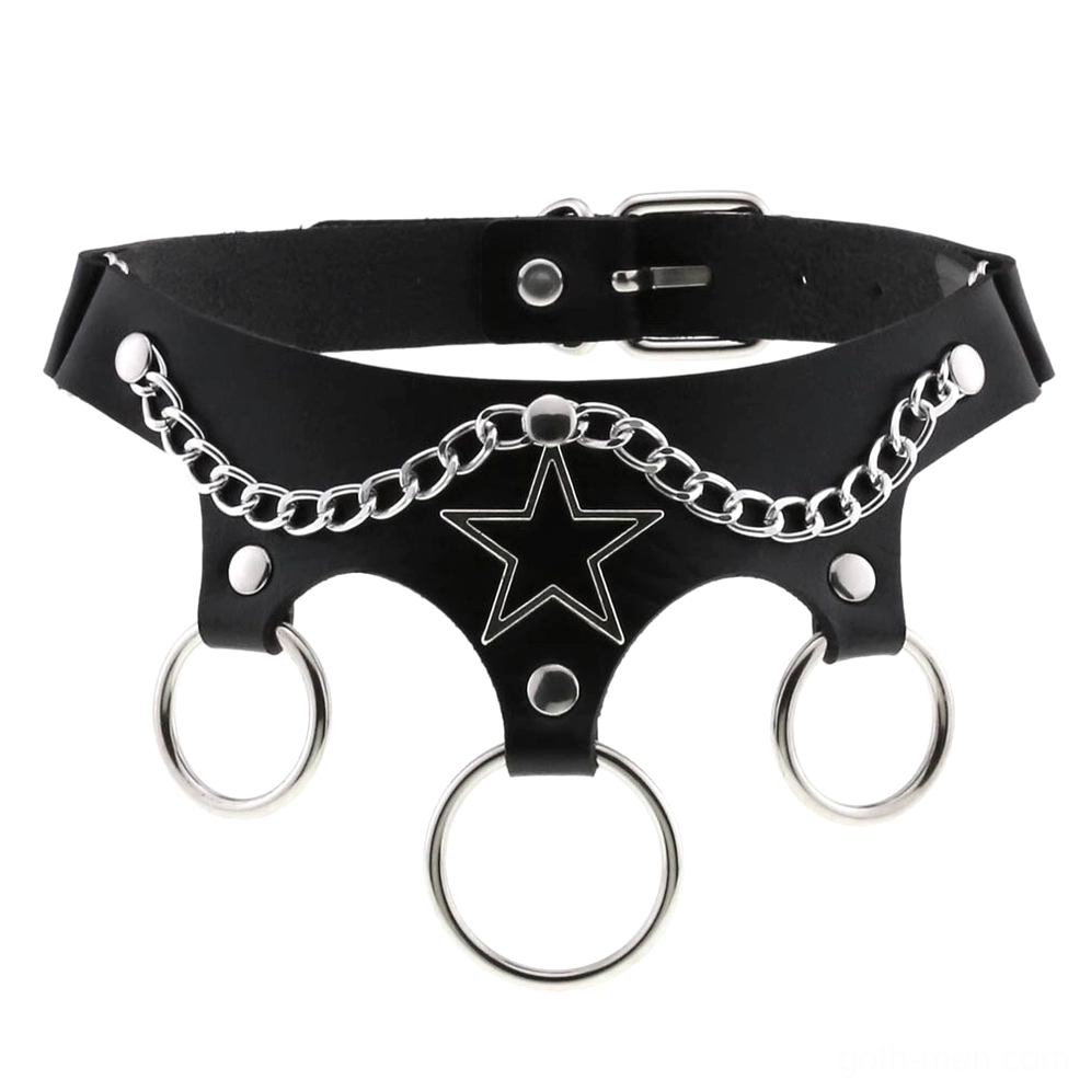 Black leather star choker with silver chain and metal rings flat lay view