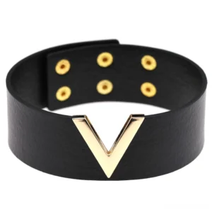 Black leather V-choker with gold metal accent - gothic punk choker flat lay front view
