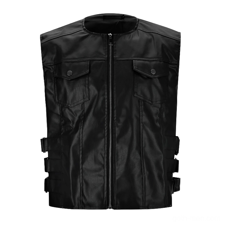 Black pigskin leather men's vest flat lay displaying metal front zipper and snap chest pocket details