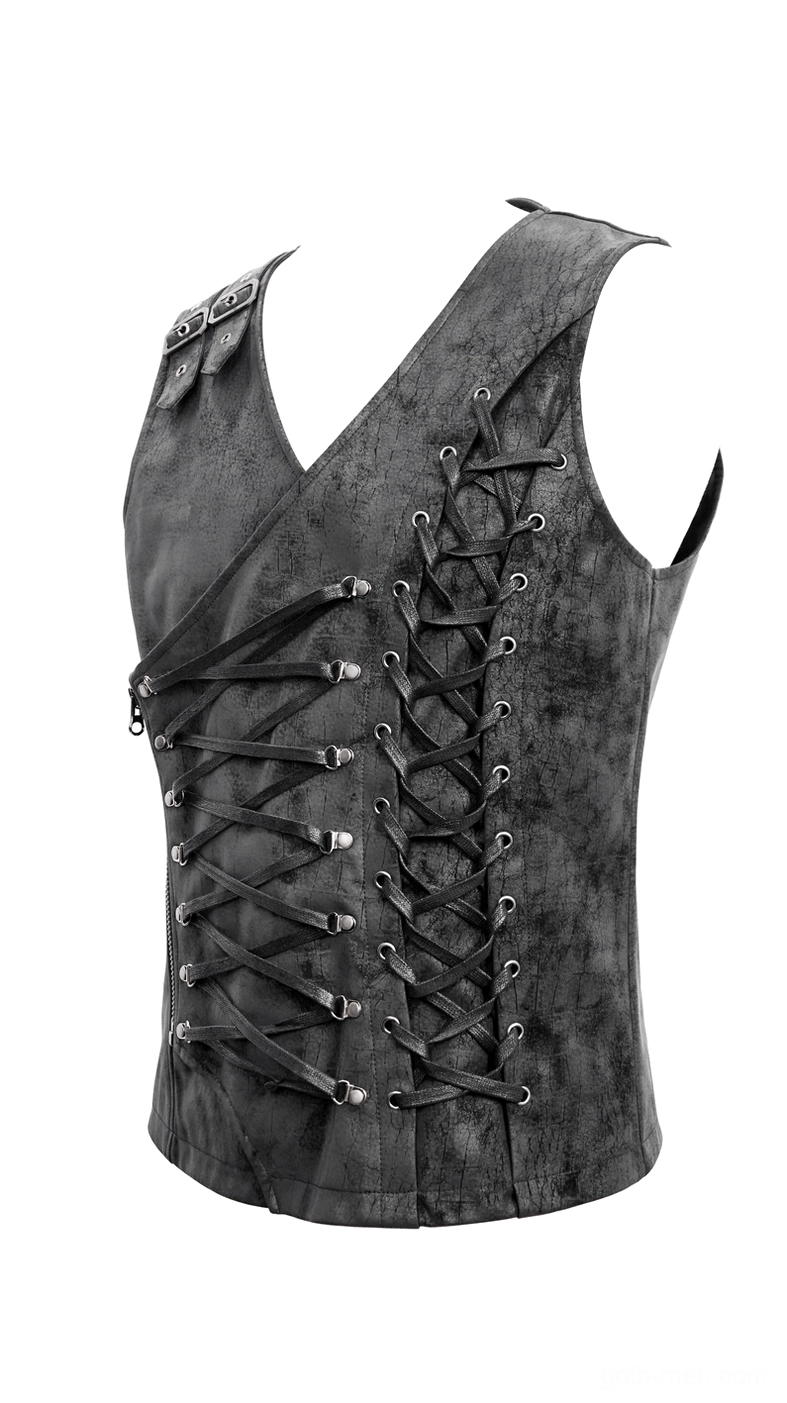 Black distressed PU leather waistcoat rear flat lay with lace-up back fasteners and asymmetric shoulder strap