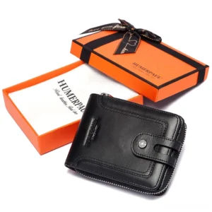 Matte black genuine leather compact wallet with gift box, branded packaging for men's gothic accessories
