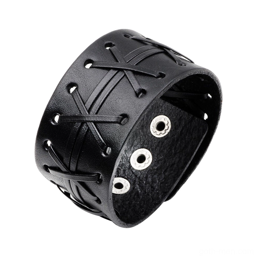Matte black genuine leather wide cuff bracelet close-up side view, highlighting cross-stitch design and snap button details