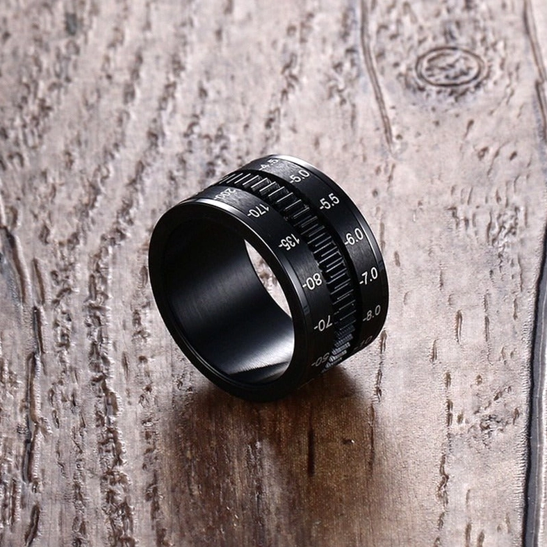 Black camera lens ring showing alternative scale numbers engraved geometric pattern