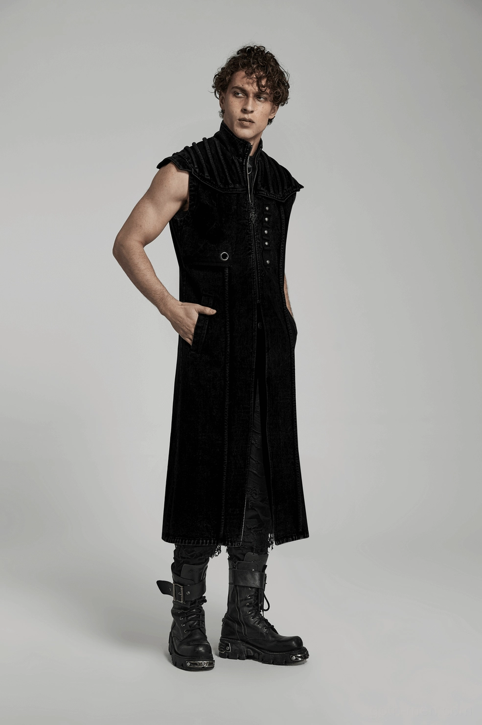 Black long gothic vest front zipper construction with skull motif punk rock style