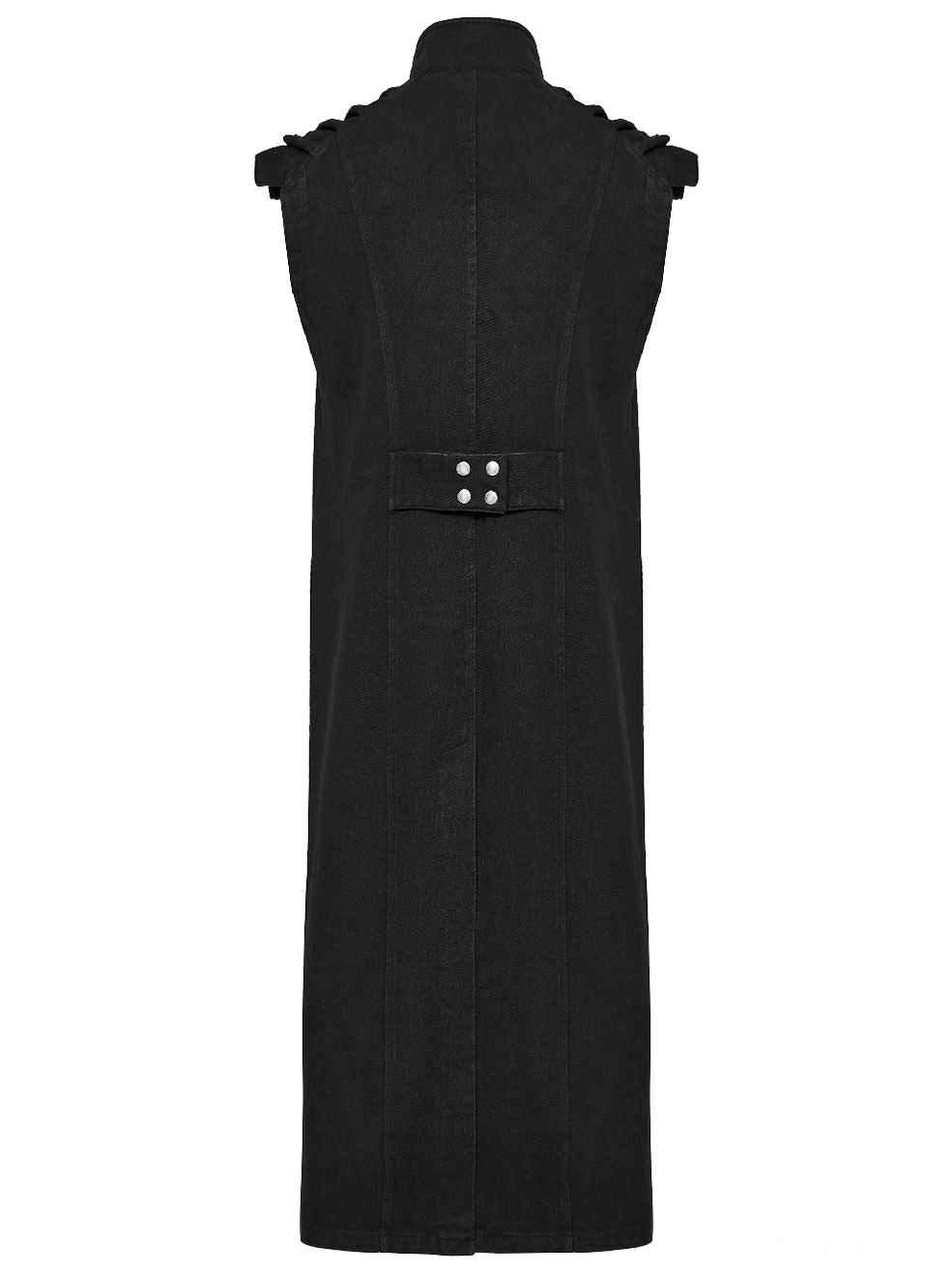 Back flat lay black long denim vest showing rear rivet closure and tailored gothic fit