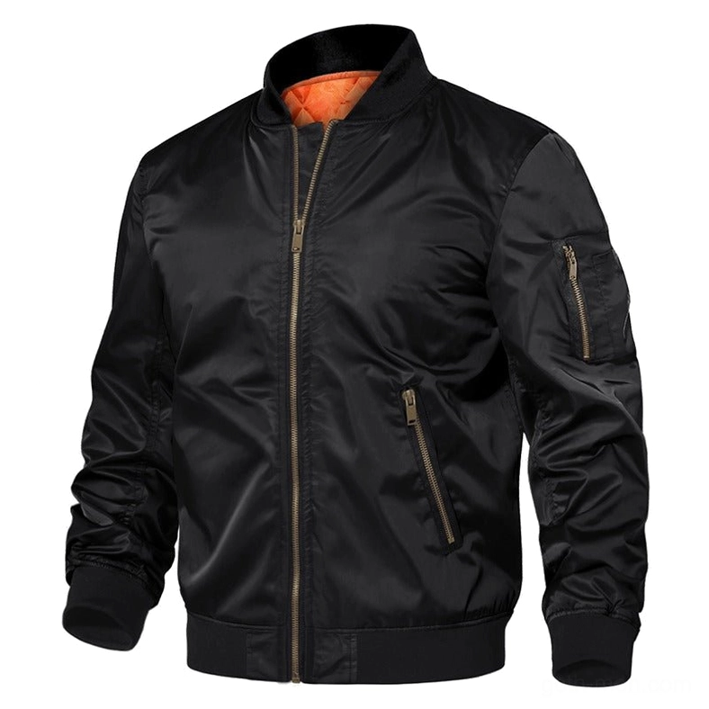Black MA-1 bomber jacket front view with bronze zipper and ribbed trims - dark aesthetic flight jacket