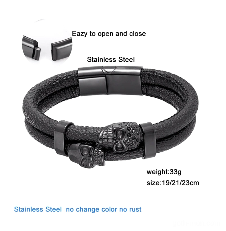 Black leather double-layer skull bracelet with black stainless steel magnetic clasp and skull ornament, product info visible