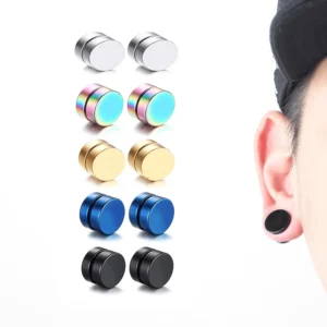 Black magnetic stud earrings for men on ear model showing no-pierce design and polished finish