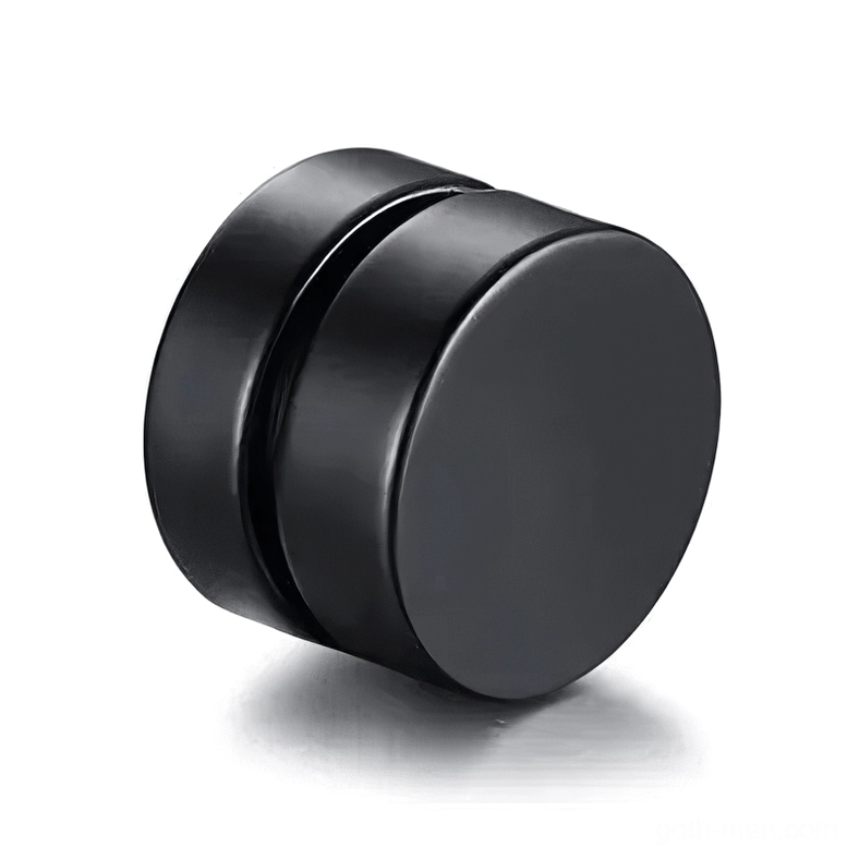 Black matte magnetic stud earring three-quarter view showing smooth stainless steel finish