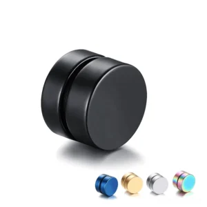 Matte black gothic magnetic earring studs overhead view with size comparison samples