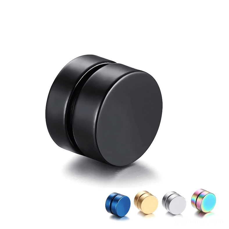 Matte black gothic magnetic earring studs overhead view with size comparison samples