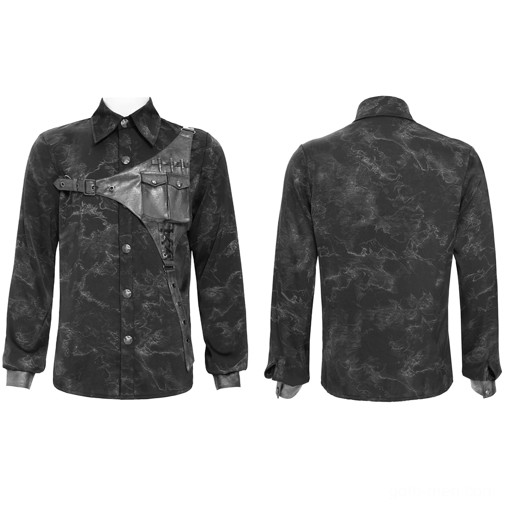 Mannequin display of marbled black gothic harness shirt showing front and back with PU shoulder straps