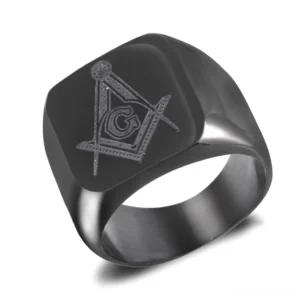 Black Masonic signet ring with engraved Freemasonry emblem and G logo, stainless steel gothic statement jewelry