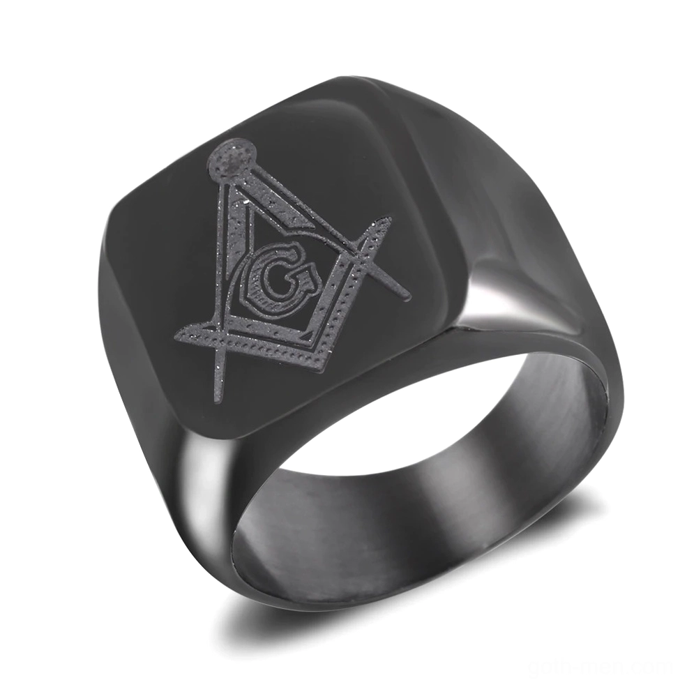 Black Masonic signet ring with engraved Freemasonry emblem and G logo, stainless steel gothic statement jewelry