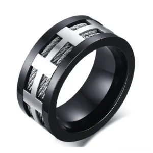 Black matte cross inlay 316L stainless steel gothic ring, oblique angle view showing dual-tone design with braided silver accents and IP black plating finish