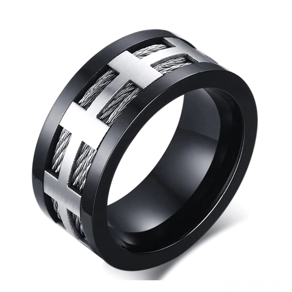 Black matte cross inlay 316L stainless steel gothic ring, oblique angle view showing dual-tone design with braided silver accents and IP black plating finish