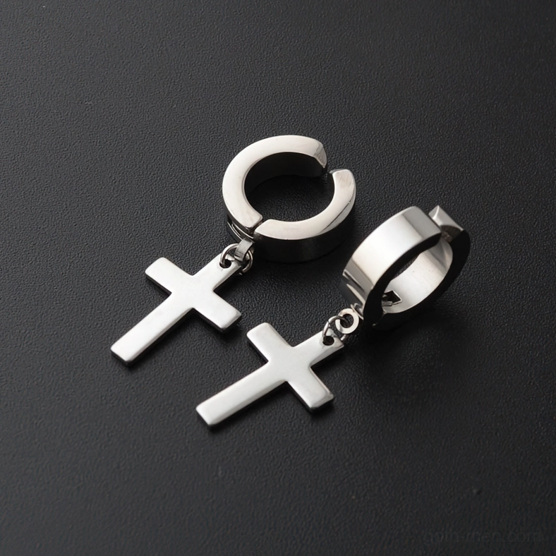 Black matte stainless steel gothic cross dangle earrings - huggie pierced drop pendant detail