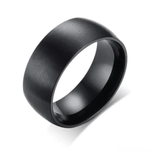 Black matte stainless steel gothic band ring 8mm wide overhead view on white background