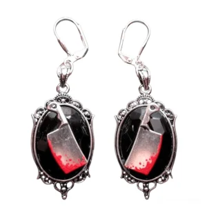 Black bloody meat cleaver gothic earrings with silver vintage frame and black resin gem on white background, front view