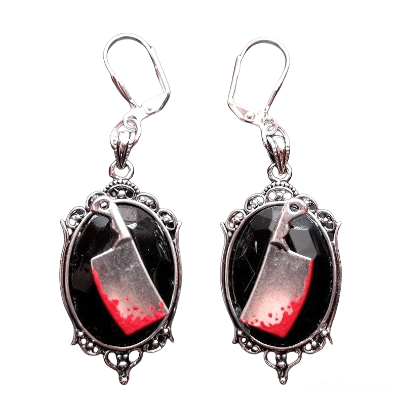 Black bloody meat cleaver gothic earrings with silver vintage frame and black resin gem on white background, front view