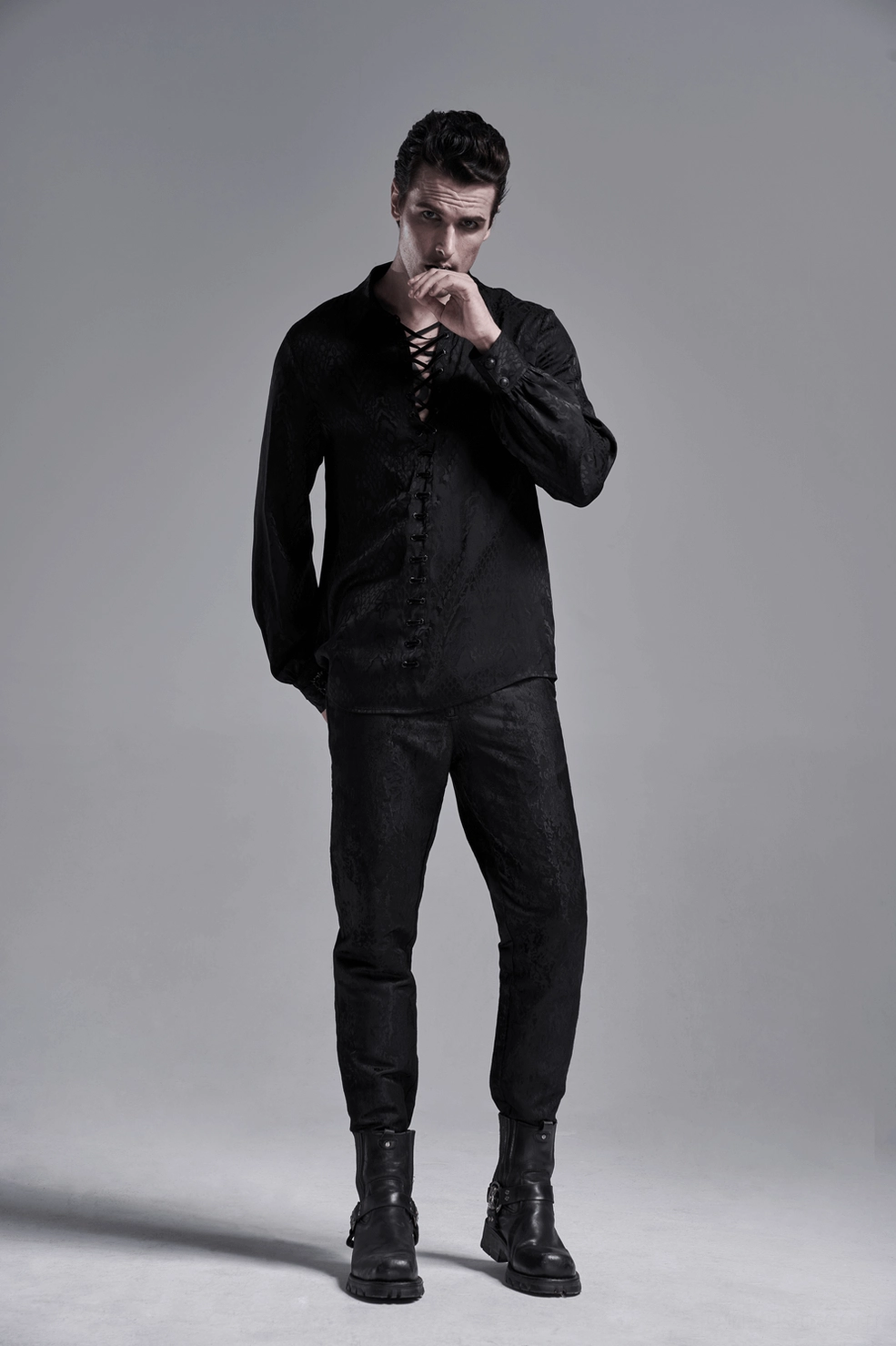 Black men's gothic jacquard shirt detail shot of metal hardware and sleeve