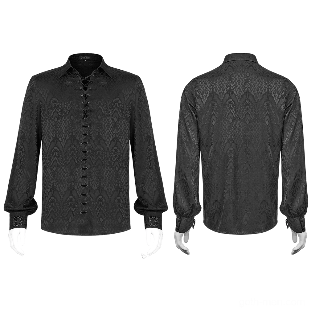 Black men's gothic lace-up shirt flat lay showing front and back design with lace placket and metal buckles