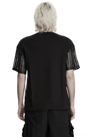 Tactical gothic mesh t-shirt back view showing solid black rear panel and mesh short sleeve details on male model