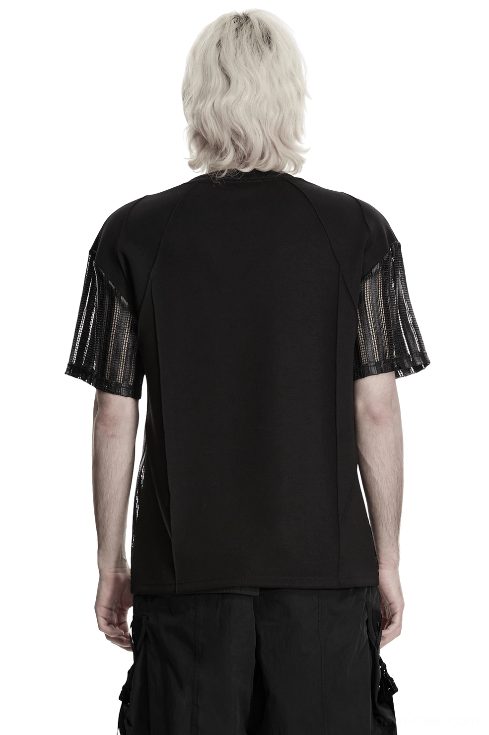 Tactical gothic mesh t-shirt back view showing solid black rear panel and mesh short sleeve details on male model