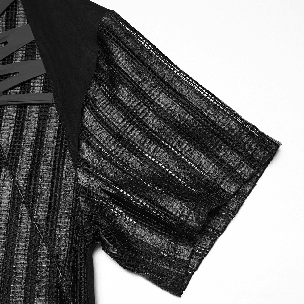 Men's black mesh cage tactical gothic t-shirt detail view highlighting asymmetric splicing and mesh panel construction