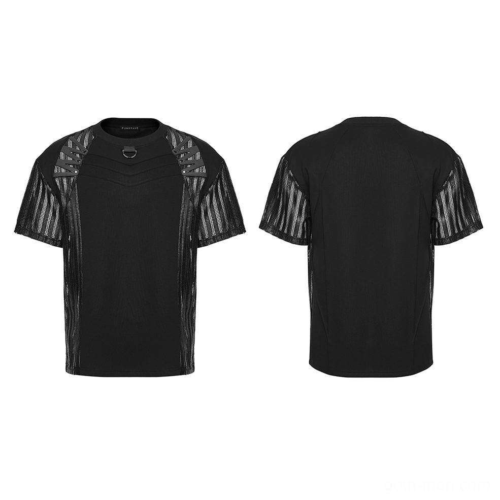 Black mesh cage tactical gothic t-shirt flat lay displaying front and back silhouette with striped mesh panels and chest hardware