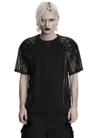 Men's black mesh cage tactical gothic t-shirt front view with D-ring hardware, featuring striped mesh sleeves and asymmetric design on male model