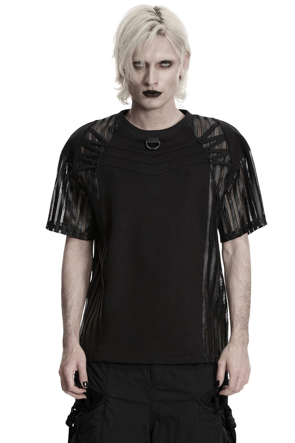 Men's black mesh cage tactical gothic t-shirt front view with D-ring hardware, featuring striped mesh sleeves and asymmetric design on male model