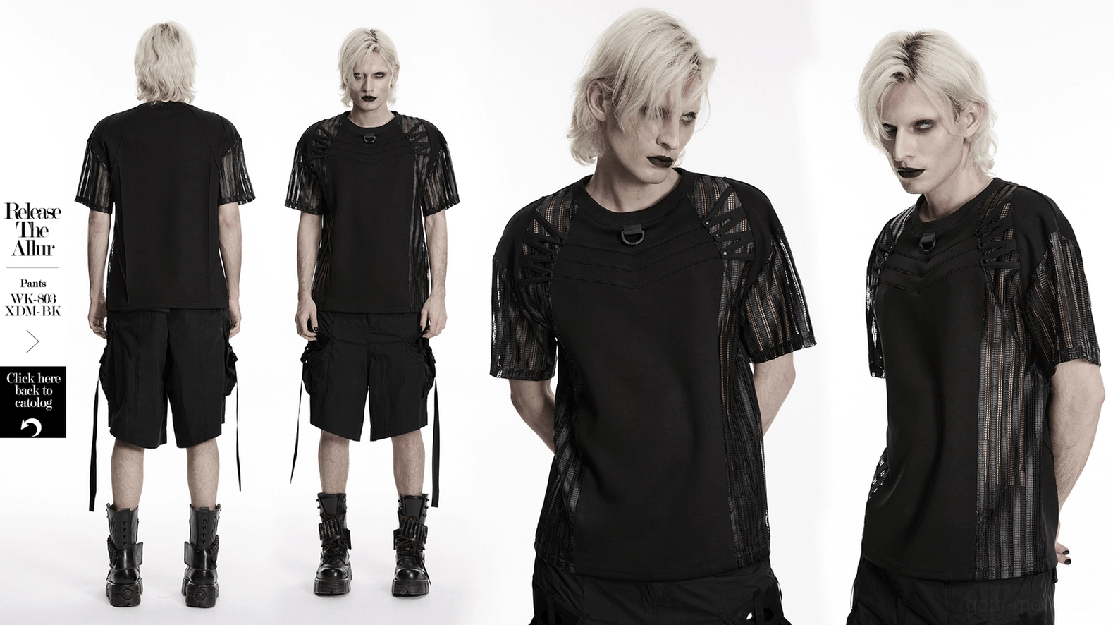 Black mesh cage tactical gothic t-shirt displaying full silhouette with striped mesh panels and deconstructed design elements